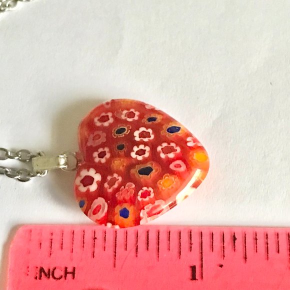 Orange Murano Glass Heart Necklace Millefiori Flowers Vintage Stainless Steel 18 - Picture 12 of 12